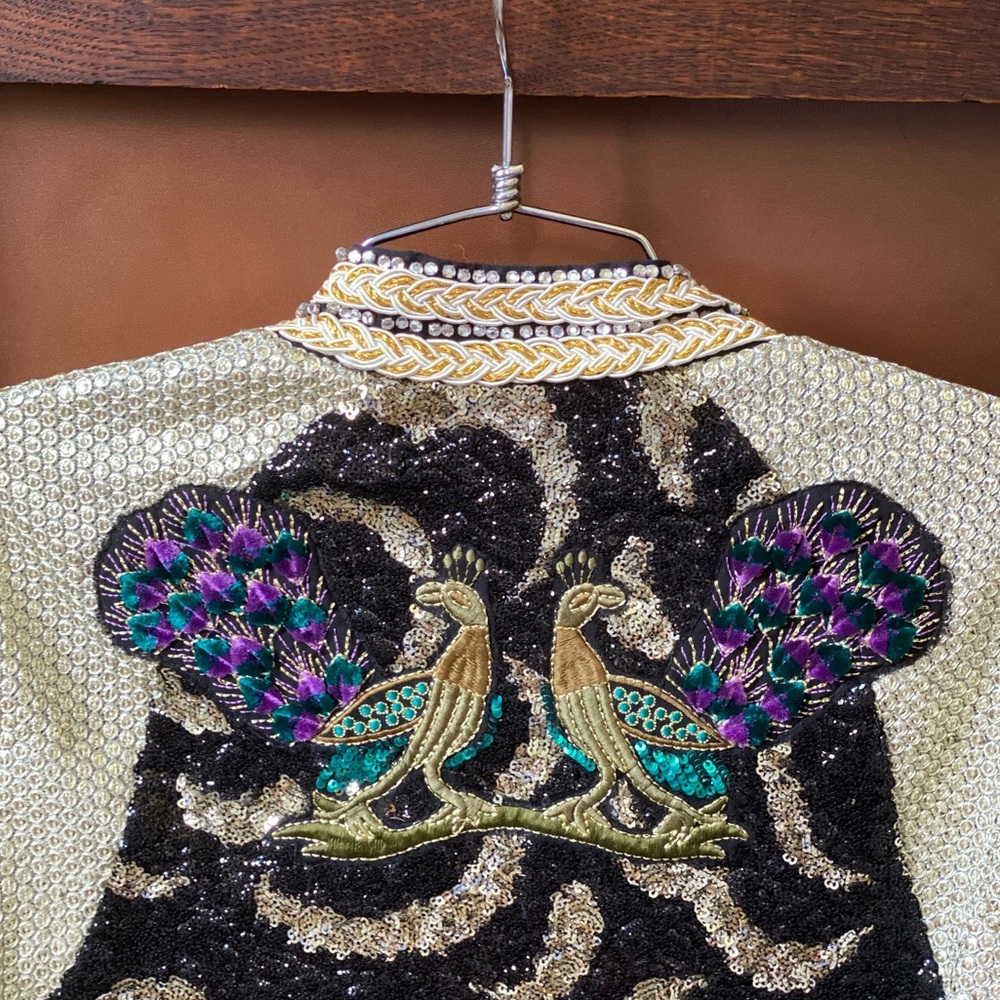 French brand April, May black and gold embroidered jacket with peacock on back